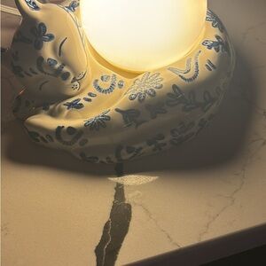 Ceramic Cat Lamp with Blue Floral Design